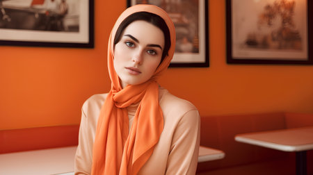 beautiful young woman in hijab looking at camera while sitting in cafeの素材