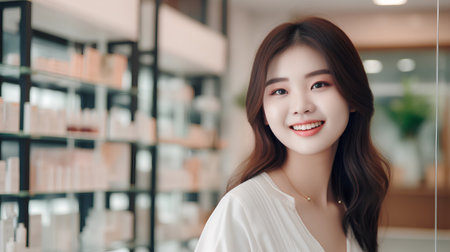 Beautiful asian woman smile and looking at camera in cosmetic shopの素材