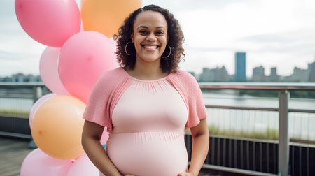 Portrait of a pregnant woman with colorful balloons on the background of the cityの素材