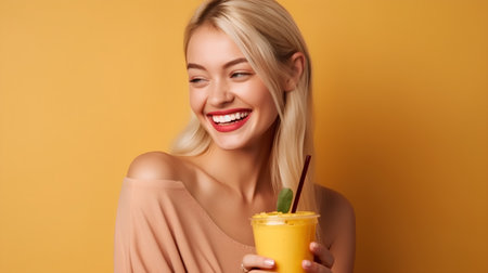 Beautiful young blonde woman holding a glass of fresh smoothie over yellow backgroundの素材