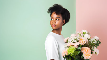 young african american woman with bouquet of flowers on colorful backgroundの素材