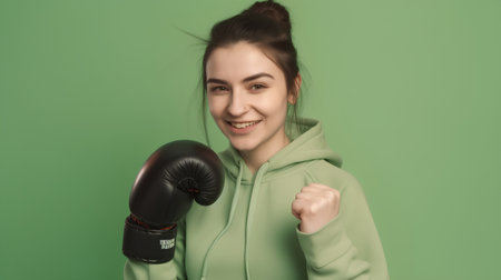 Portrait of a young woman in a green hoodie and boxing gloves on a green backgroundの素材