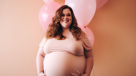 Portrait of a happy pregnant woman with balloons on a pink backgroundの素材