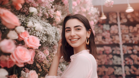 Portrait of a beautiful girl in a pink dress on the background of flowersの素材
