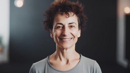 Portrait of smiling middle-aged woman with curly hair in grey t-shirtの素材