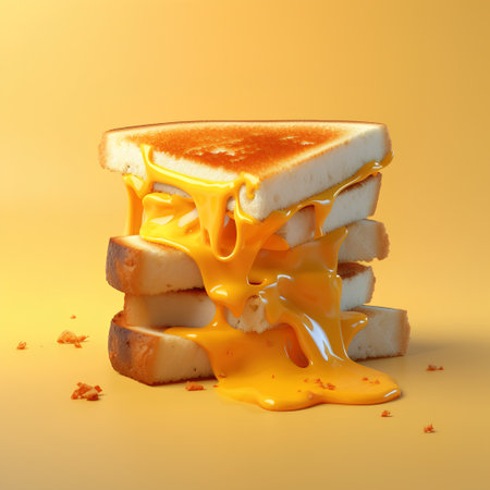 3d illustration of a sandwich with melted cheese and caramel on a yellow backgroundの素材