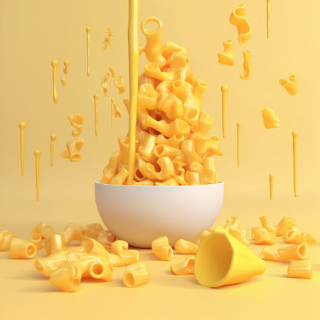 3d rendering of a bowl full of macaroni and cheese falling downの素材