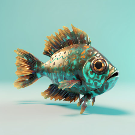 3D rendering of a tropical fish isolated on a blue background.の素材