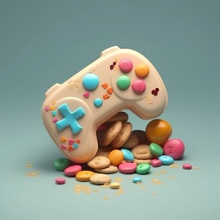 Gamepad with colorful buttons and cookies. 3d render illustration.の素材