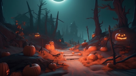 Halloween background with pumpkins in a spooky forest - 3d renderの素材