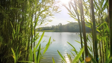 Bamboo forest and lake in the morning. Beautiful nature background.の素材