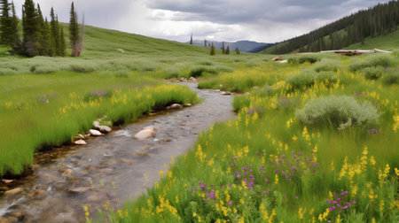 Meadow and river in Yellowstone National Park, Wyoming, USA