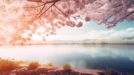 Cherry blossoms on the lake in spring. Nature background.の素材
