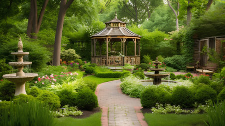 Gazebo in the garden with flowerbeds and flowersの素材