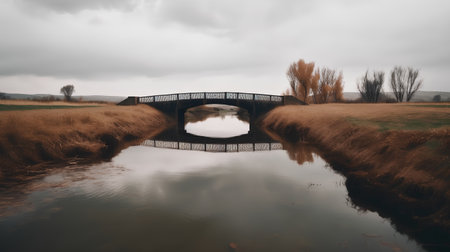 Bridge over the river in the countryside with a reflection in the waterの素材