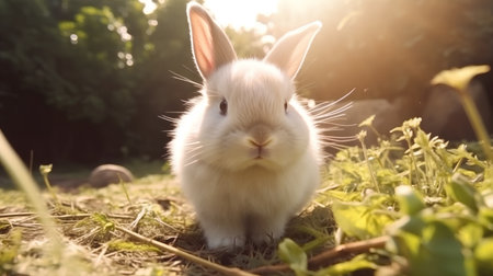 Rabbit in the garden, close-up, soft focus.の素材