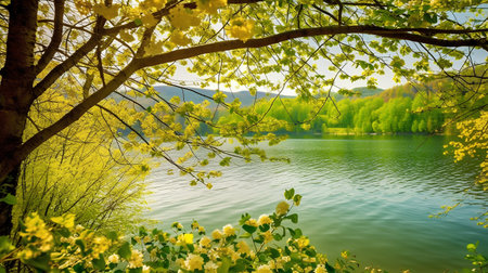Lake with yellow flowers and trees in the background. Landscape.の素材