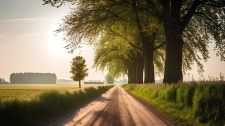 country road through the field and trees in the morning light, Hollandの素材