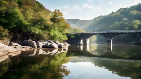 Bridge over the river in the autumn forest. Beautiful nature landscape.の素材