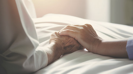 Elderly couple holding hands together on the bed in the roomの素材