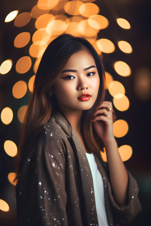 beautiful asian woman with christmas lights bokeh backgroundの素材