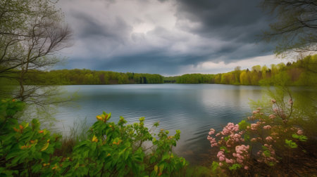 Beautiful spring landscape with lake and cloudy sky. Nature composition.の素材