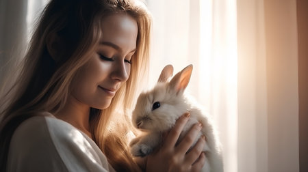 Young beautiful woman with long hair holding a white rabbit in her armsの素材