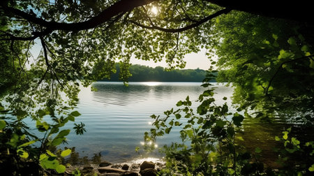 Beautiful summer landscape with lake, forest and sun in the skyの素材