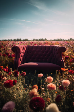 Sofa in a field of red flowers. 3d renderの素材