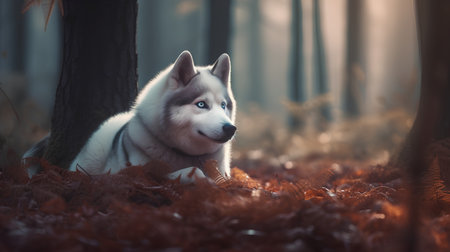 Siberian husky in the autumn forest. Toned.の素材