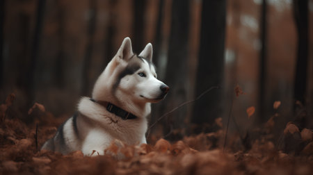 Portrait of beautiful siberian husky dog in autumn forestの素材