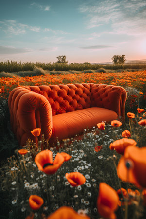 Red sofa in the field of poppies. 3d renderの素材
