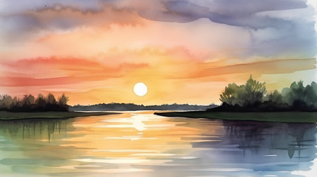 Sunset over the river. Digital watercolor painting on paper.の素材