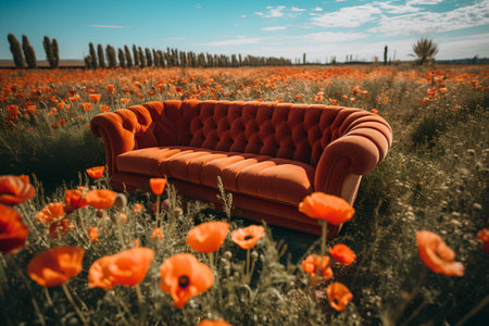 Sofa in a field of poppies. Vintage styleの素材
