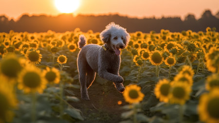 Portrait of a poodle dog running through sunflower field at sunsetの素材