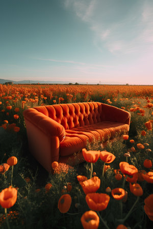 Sofa in the field of poppies. 3d renderの素材
