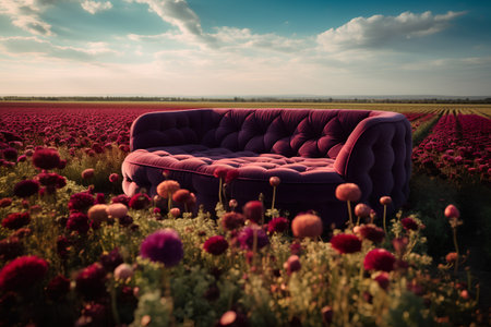 Vintage sofa in a field of red flowers. 3d renderの素材