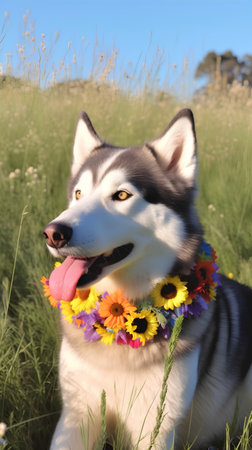 Siberian Husky with a wreath of flowers in the grassの素材