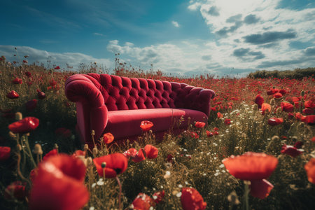 Red sofa in a field of poppies. 3d renderingの素材