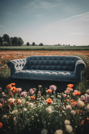 Sofa in poppy field. Vintage style toned picture.の素材