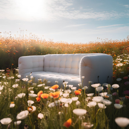 Sofa in the field of poppies. 3d renderingの素材