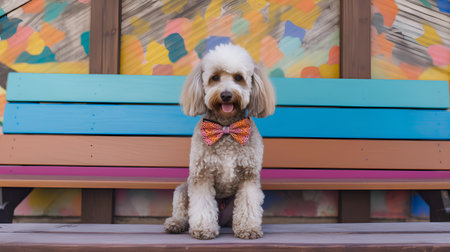 Poodle dressed up in a bow tie sitting on a wooden benchの素材