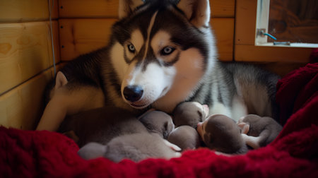 Siberian Husky dog with newborn puppies. Pet care.の素材