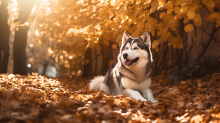 Siberian husky dog sitting in autumn park with fallen leavesの素材