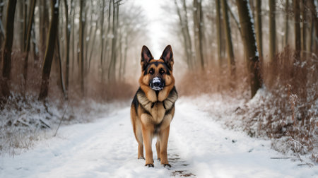 German shepherd dog on a walk in a winter forest. Beautiful portraitの素材