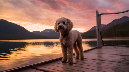 Australian Labradoodle dog on a dock at sunset in Glacier National Park, Montana.の素材