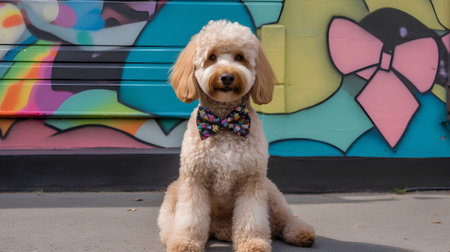 Australian Labradoodle sitting on the street in front of graffiti wallの素材