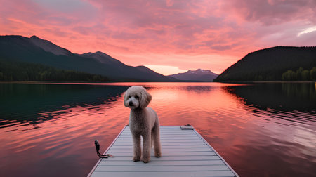 Poodle on a jetty at sunset, Lake Louise, Alberta, Canadaの素材