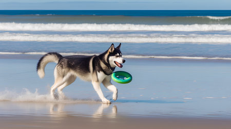 Siberian husky dog running on the beach with green ballの素材