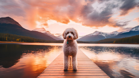 A white poodle dog standing on a wooden jetty at sunset.の素材